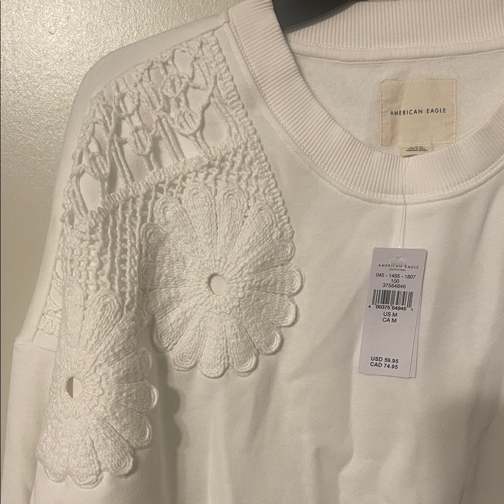 American Eagle White Cropped Sweatshirt with Lace Details - Picture 3 of 5